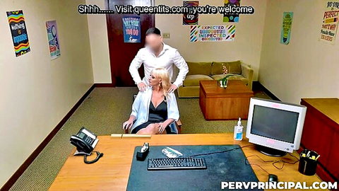 Blonde MILF in open white blouse gets shoulders groped by man in office setting