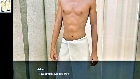 Muscular shirtless hunk in white towel showing ripped abs and bulge