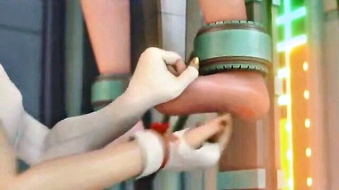 3D hentai bondage scene with gloved hands adjusting green cuffs on bare sexy thighs and feet