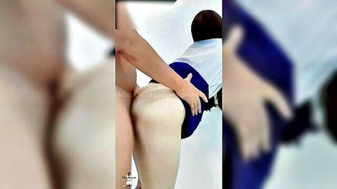 Thai schoolgirl in uniform bent over, ass exposed for creampie