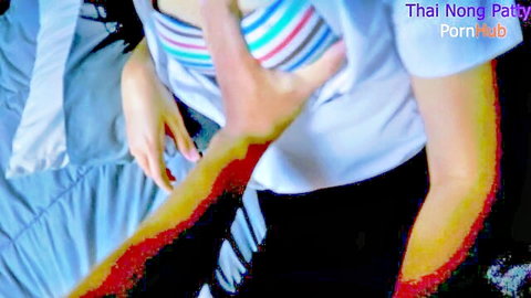 Thai intern in striped bra, man fondling her breasts in amateur bedroom tease