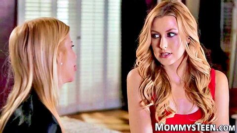 Two blonde women in intimate conversation, MILF and teen vibe