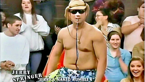 Nikki Sims in early Jerry Springer naked rumble scene with excited crowd