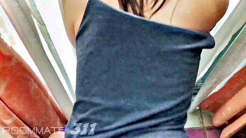 Thai teen college roommate in slipping black off-shoulder top, teasing side view