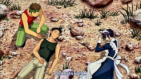 Hentai anime maid in frilly dress stands over guy with pants down exposing erect cock while friend kneels shocked outdoors