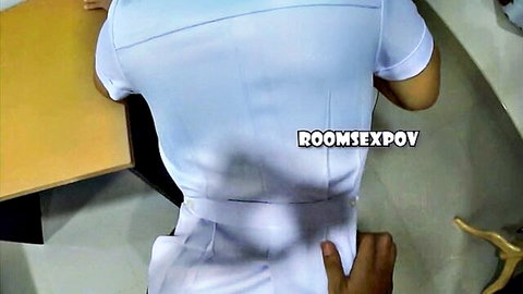POV of young Asian nurse in uniform bent over for secret patient fuck