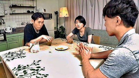 Japanese woman with two men at dinner table in casual adult scene