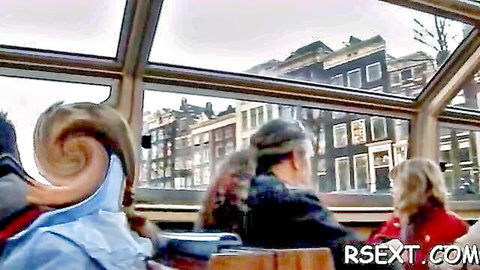 Kylie and friends on Amsterdam canal boat, teasing orgasm vibe