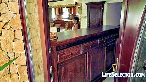 Skinny brunette teen exposes small tight ass bending over kitchen counter