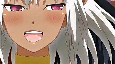 Blushing elf anime girl with white hair, red eyes smiling tongue out in Ochi Mono RPG