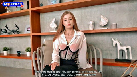 Sexy redhead in sheer white blouse over black lace corset sitting seductively on chair