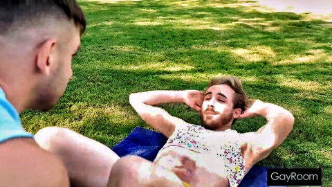Rick Fantana flexes abs during outdoor workout, bulge visible in gay teaser