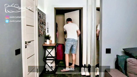 Owl Crystal as stepmom greets stepson and wife at door