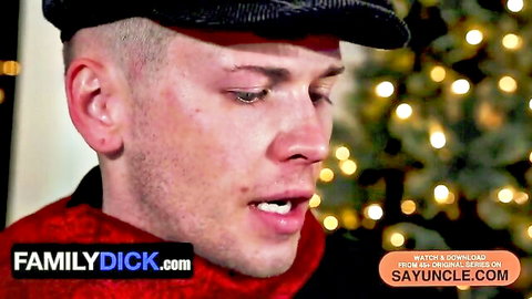 Damian Rose as stepdad in Christmas hat and scarf, seductive holiday gaze