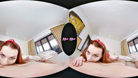 POV closeup of nude redhead's perky medium tits and seductive face in VR amateur video