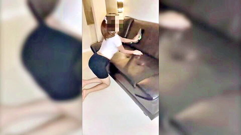 Sexy Asian teen big ass bent over brown leather couch in short black skirt upskirt tease