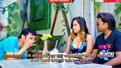 Teena's teasing cafe threesome with two men, huge cleavage in low-cut top