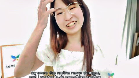 Momoko Azuma smiling in glasses and white off-shoulder top, JAV debut