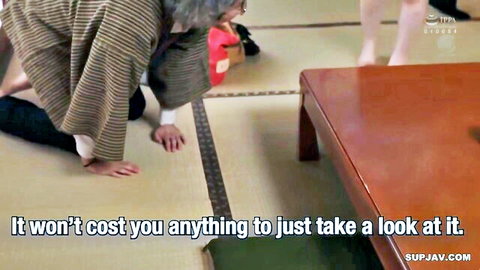 Japanese boss kneeling before employee's legs in hot spring yukata scene