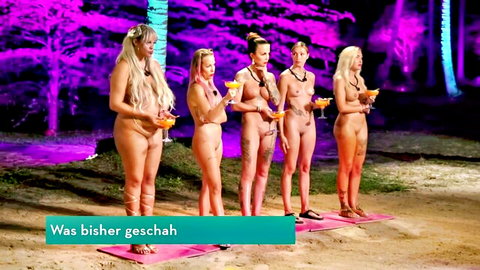 Five nude women in Naked Dating episode 5 holding cocktails outdoors