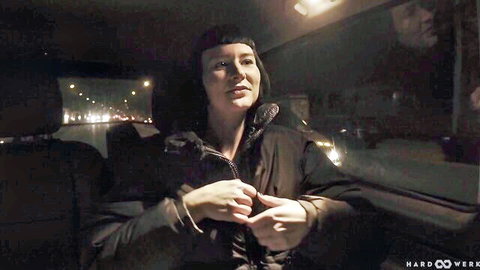Delfine in tense car ride at night with driver, HardWerk adult scene