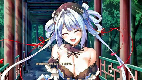Busty anime girl smiling happily with massive cleavage in revealing shrine outfit