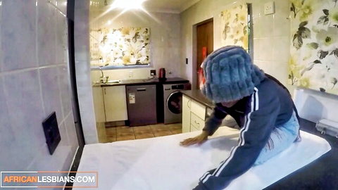 Ebony college lesbian in hoodie bending over bed after class