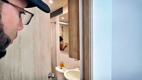 SoldierHugeCock peeks at sexy Latina Gaby Jimenez in steamy bathroom mirror