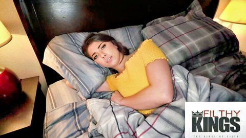 Ava Eden as hot stepdaughter in yellow off-shoulder top, lying in bed teasing POV viewers