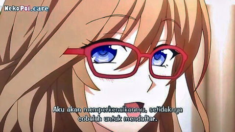 Cute orange-haired anime girl with red glasses and blue eyes in surprised hentai expression