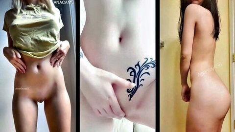 Slim nude Asian teen exposing shaved pussy and floral hip tattoo in homemade striptease collage