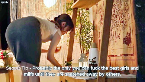Kanako Iioka as busty Asian MILF bending over in tight skirt, teasing big ass