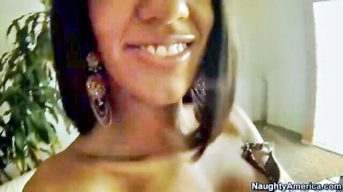 Lyla Storm smiling with natural tits exposed in housewife scene