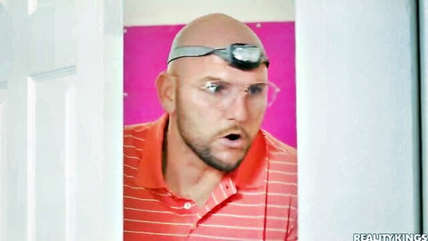 Bald neighbor JMac shocked with headlamp in lesbian punishment by Paisley Paige and Val Steele