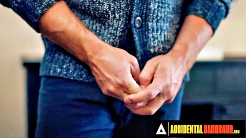Man in cardigan covers crotch in Accidental Gangbang challenge tease