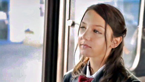 Nadia in school uniform on Japanese bus, teasing anal creampie