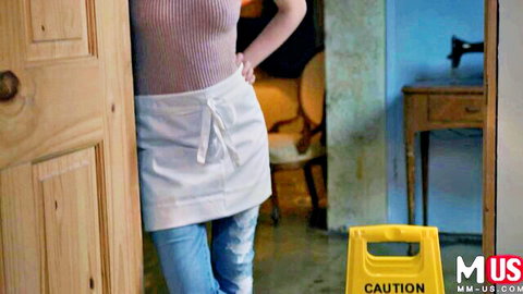 Blonde maid in tight top and apron teasing in doorway, Mofos solo tease