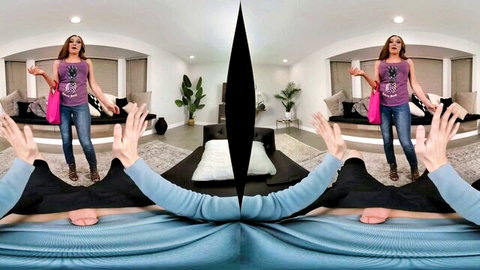 Brunette MILF in tight jeans and purple tank top teased by hands grabbing thighs in VR POV