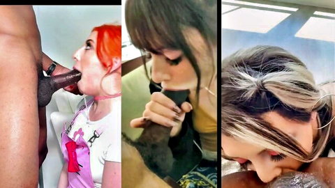 Redhead slut deepthroats massive black cock while brunette and blonde kiss