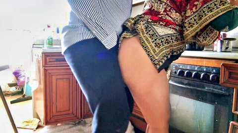 Steamy kitchen tease with curvy Iranian MILF in short colorful dress