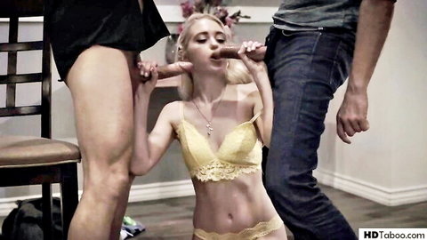 Blonde slim girl in yellow lingerie sucks stepdad's dildo in taboo scene
