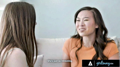 Maya Woulfe and Kimmy Kimm chatting intimately with Gal Ritchie in Girlsway lesbian scene