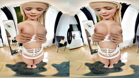 Blonde babe in white lace lingerie cupping massive tits in solo VR softcore