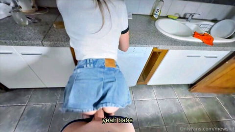 Amateur girlfriend bends over bathroom sink with denim shorts pulled down exposing bare juicy ass