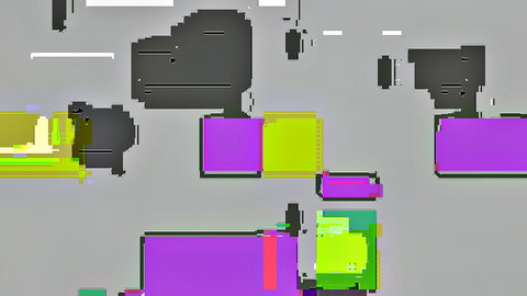 Glitchy abstract pixelated blocks in purple yellow black on gray background no nudity