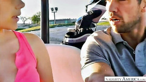 Valentina Nappi in pink tank top showing cleavage with man on golf cart