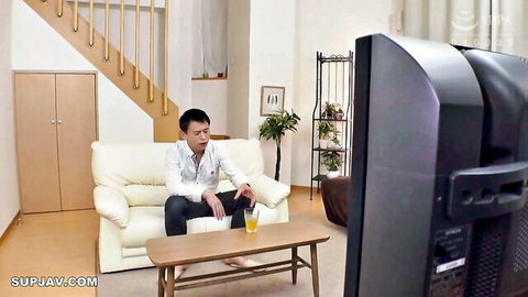 Asian father in white shirt on couch in incest family sex JAV setup
