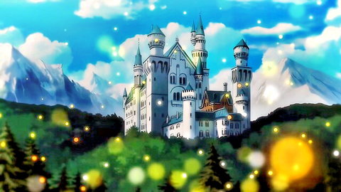 Anime fairy-tale castle in enchanted mountains, fantasy elf hentai setting