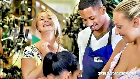 Smiling BBC guy with three hot blondes and brunette in kitchen cooking set for Private.com