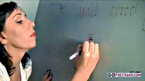Alia Janine writing naughty words like anal and cunt on whiteboard
